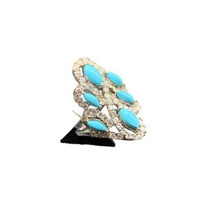 Turquoise and Crystals Ring Size 9 Sterling Silver Ethnic Statement Ring